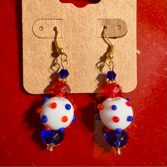 Artisan Lampwork Glass & Crystal Earrings in Red White & Blue - Picture 2 of 2